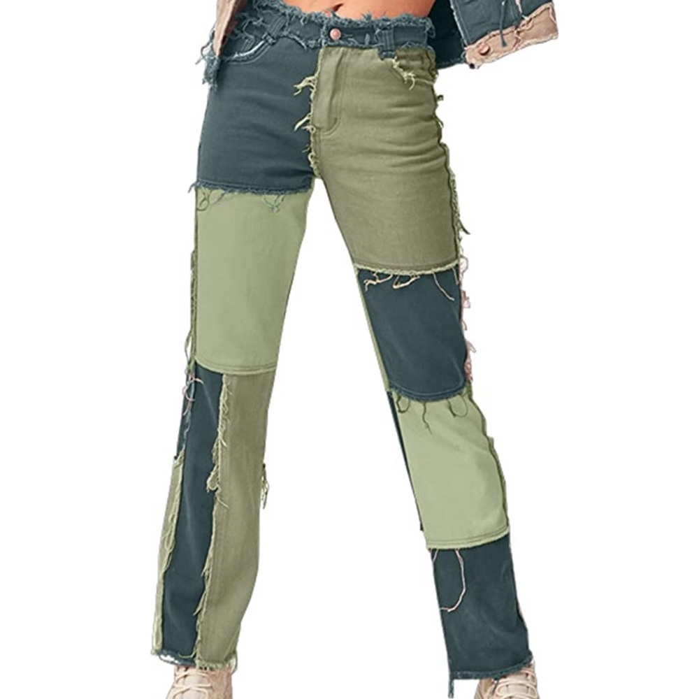 Green patch frayed high waisted straight leg jeans